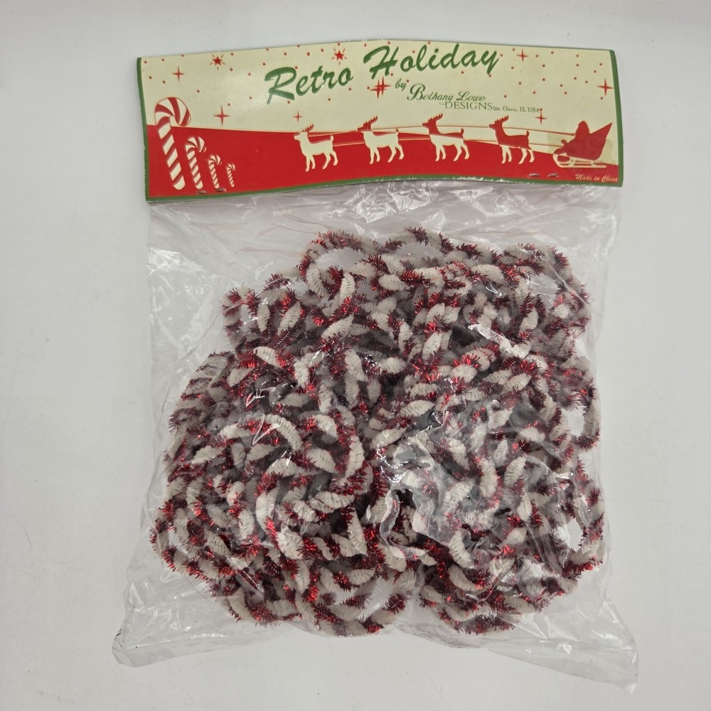 Vintage Bethany Lowe Christmas Garland Chain Tinsel/Soft Brush, Red & White